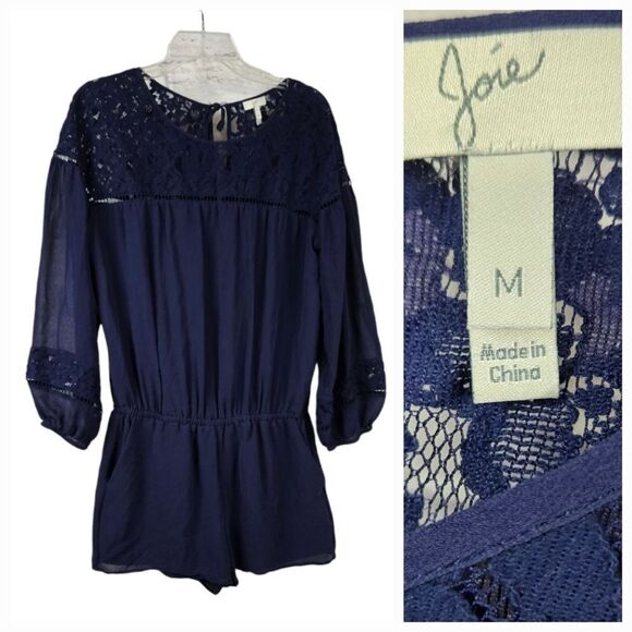 Joie Navy Jevin Silk Romper Pockets Long Sheer Sleeves Floral Lace Short Jumper - Picture 1 of 15